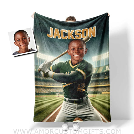 Blankets Personalized MLB Oakland Baseball Boy Athletics Photo Blanket | Custom Name & Face Boy Blanket