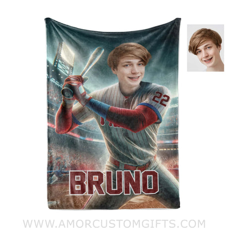 Blankets Personalized MLB Philadelphia Baseball Boy Phillies Photo Blanket | Custom Name & Face Boy Blanket