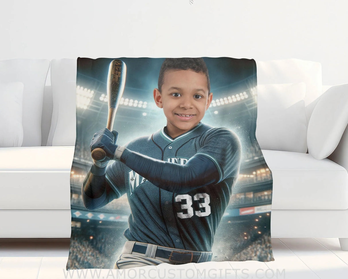 Blankets Personalized MLB Seattle Baseball Boy Mariners Photo Blanket | Custom Name & Face Boy Blanket