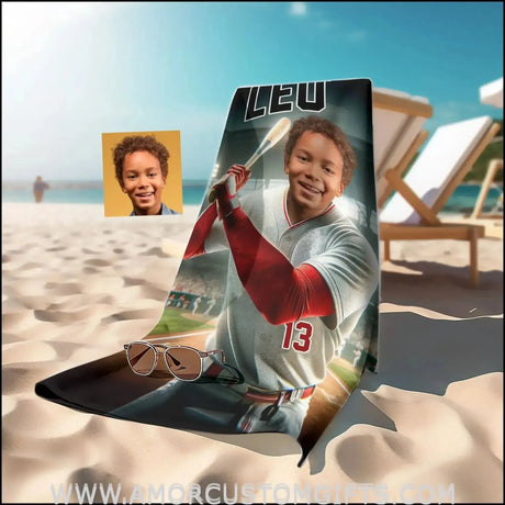Towels Personalized MLB St. Louis Baseball Boy Cardinals Photo Beach Towel | Customized Name & Face Boy Towel