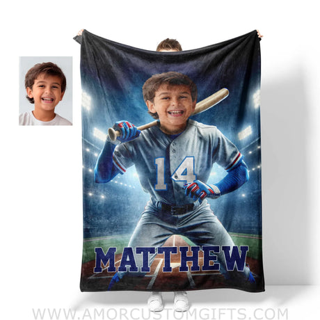 Blankets Personalized MLB Texas Baseball Boy Rangers Photo Blanket | Custom Name & Face Boy Blanket