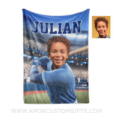 Blankets Personalized MLB Toronto Baseball Boy Blue Jays Photo Blanket | Custom Name & Face Boy Blanket