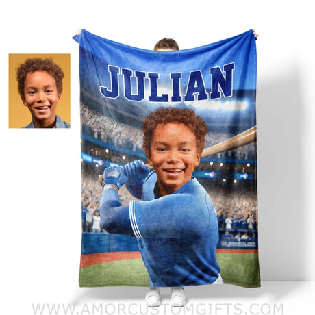 Blankets Personalized MLB Toronto Baseball Boy Blue Jays Photo Blanket | Custom Name & Face Boy Blanket