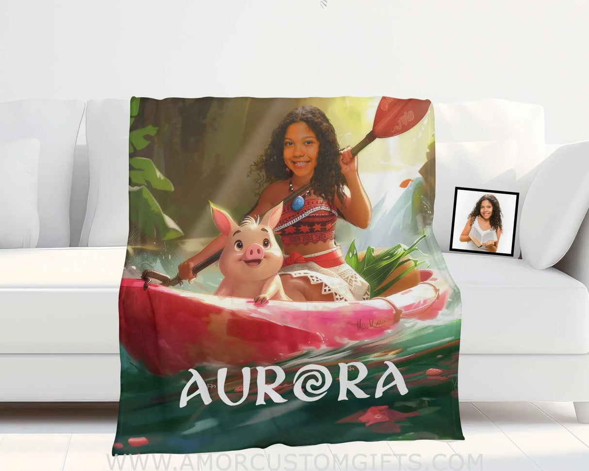 Blankets Personalized Moana Princess Girl Photo Blanket | Custom Name & Face Girl Blanket