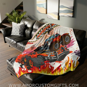 Blankets Personalized Monster Truck 2 Blanket | Custom Face & Name Vehicle Boy Photo Blanket