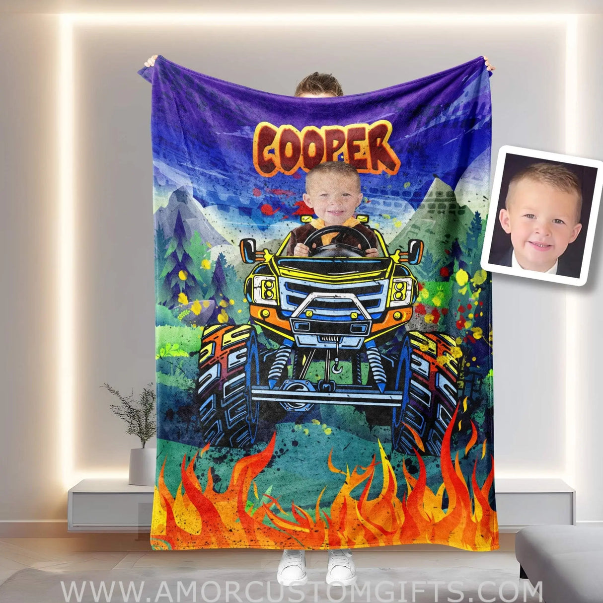 Blankets Personalized Monster Truck Blanket | Custom Face & Name Vehicle Boy Photo Blanket