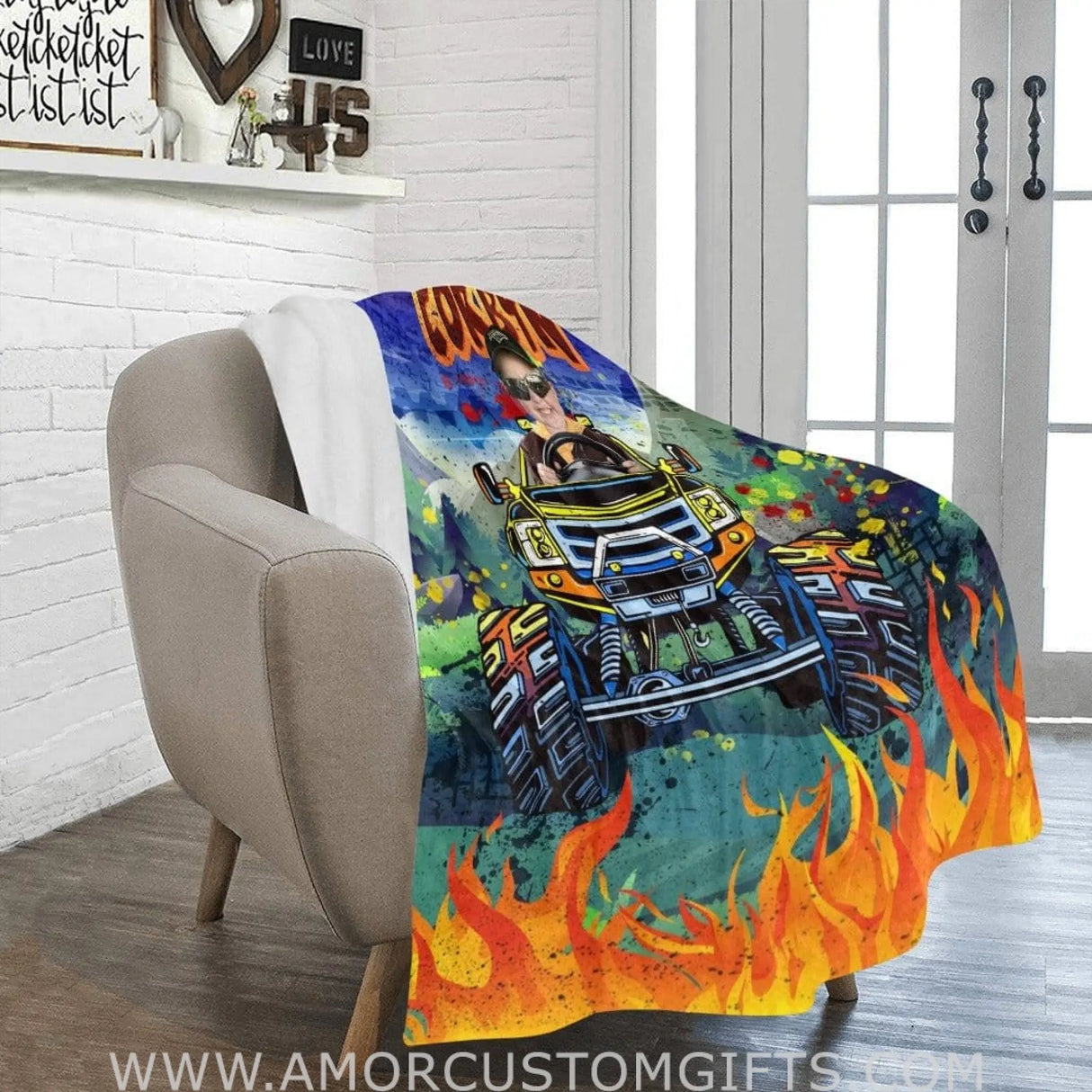 Blankets Personalized Monster Truck Blanket | Custom Face & Name Vehicle Boy Photo Blanket