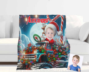 Blankets Personalized Monster Truck Xmas 1 Blanket | Custom Face & Name Christmas Blanket For Boys