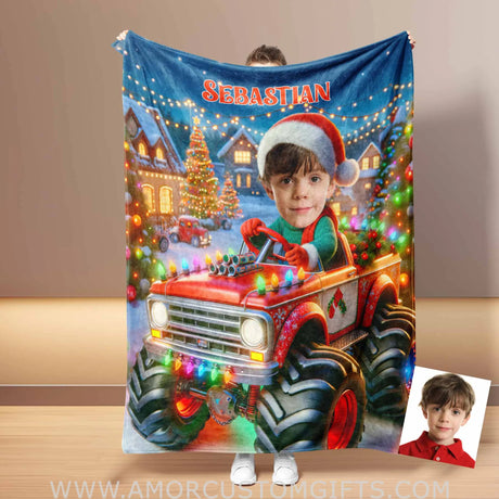 Blankets Personalized Monster Truck Xmas 2 Blanket | Custom Face & Name Christmas Blanket For Boys