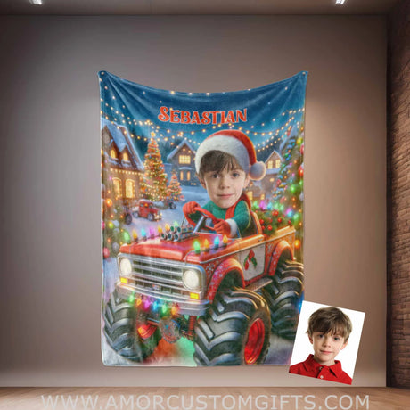 Blankets Personalized Monster Truck Xmas 2 Blanket | Custom Face & Name Christmas Blanket For Boys