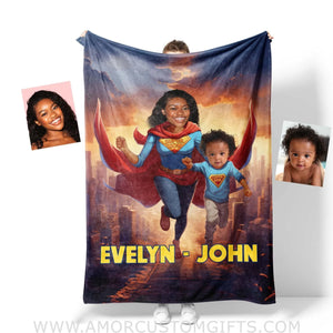 Blankets Personalized Mother Day's Super Mom & Son Blanket | Custom Face & Name Mom Son Blanket