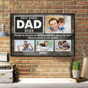 Posters, Prints, & Visual Artwork Personalized Father's Day Best Bonus Dad Ever - Custom Photo & Name Poster Canvas Print