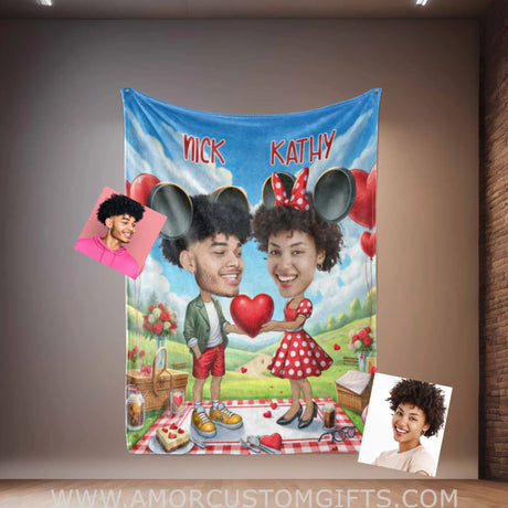 Blankets Personalized Mouse Couple 3 Blanket | Custom Face & Name Couple Blanket