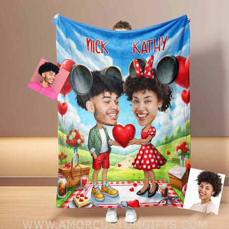 Blankets Personalized Mouse Couple 3 Blanket | Custom Face & Name Couple Blanket