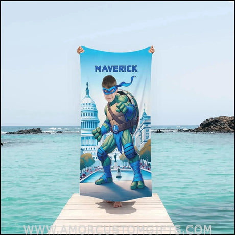 Towels Personalized Mutant Turtle Blue Bandana In Washington DC Capital Hill Beach Towel | Customized Ninja Boy Theme Pool Towel