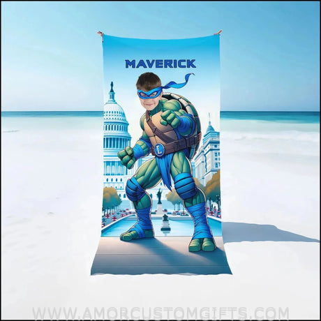 Towels Personalized Mutant Turtle Blue Bandana In Washington DC Capital Hill Beach Towel | Customized Ninja Boy Theme Pool Towel
