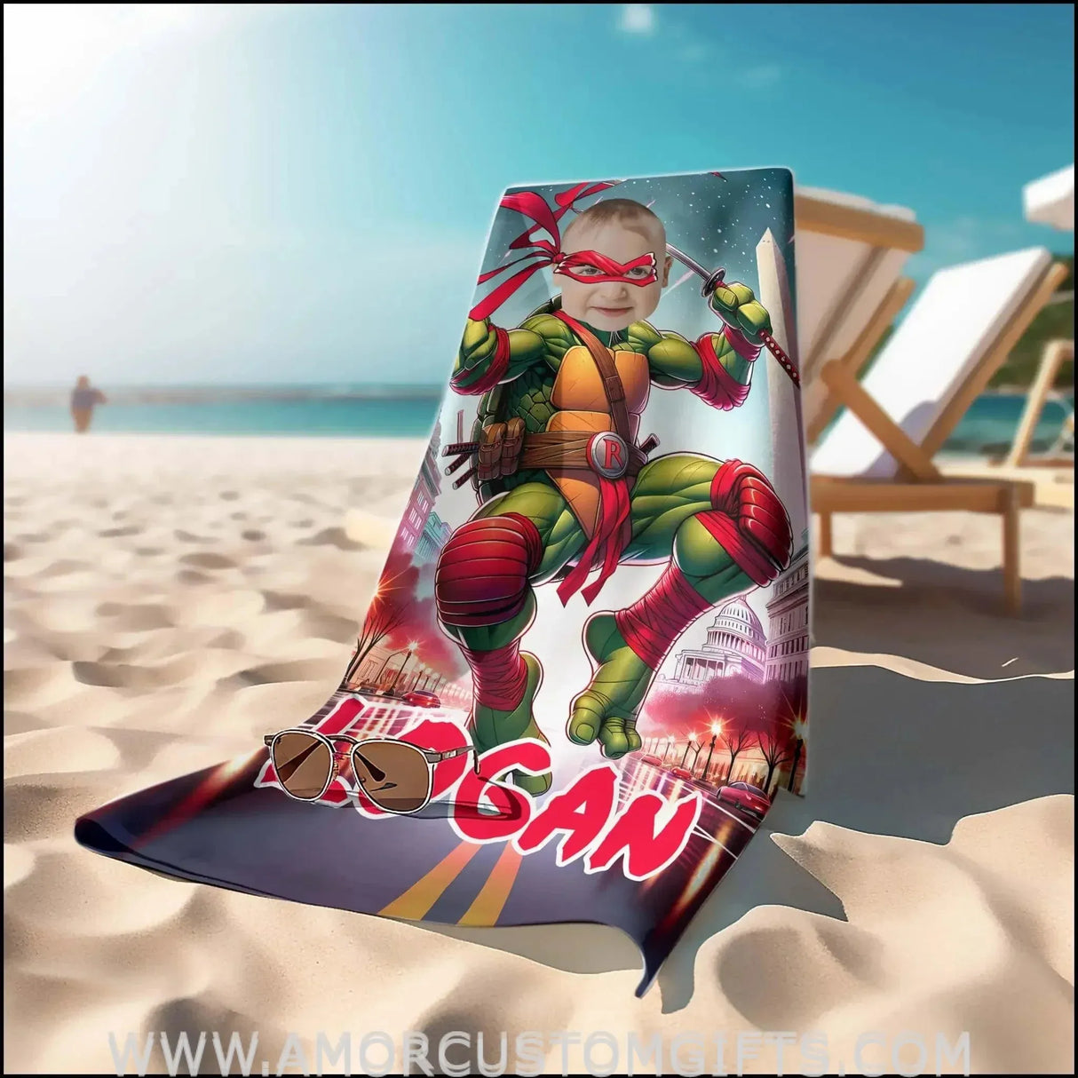 Towels Personalized Mutant Turtle Red Bandana in Washington Monument Beach Towel | Customized Ninja Boy Theme Pool Towel