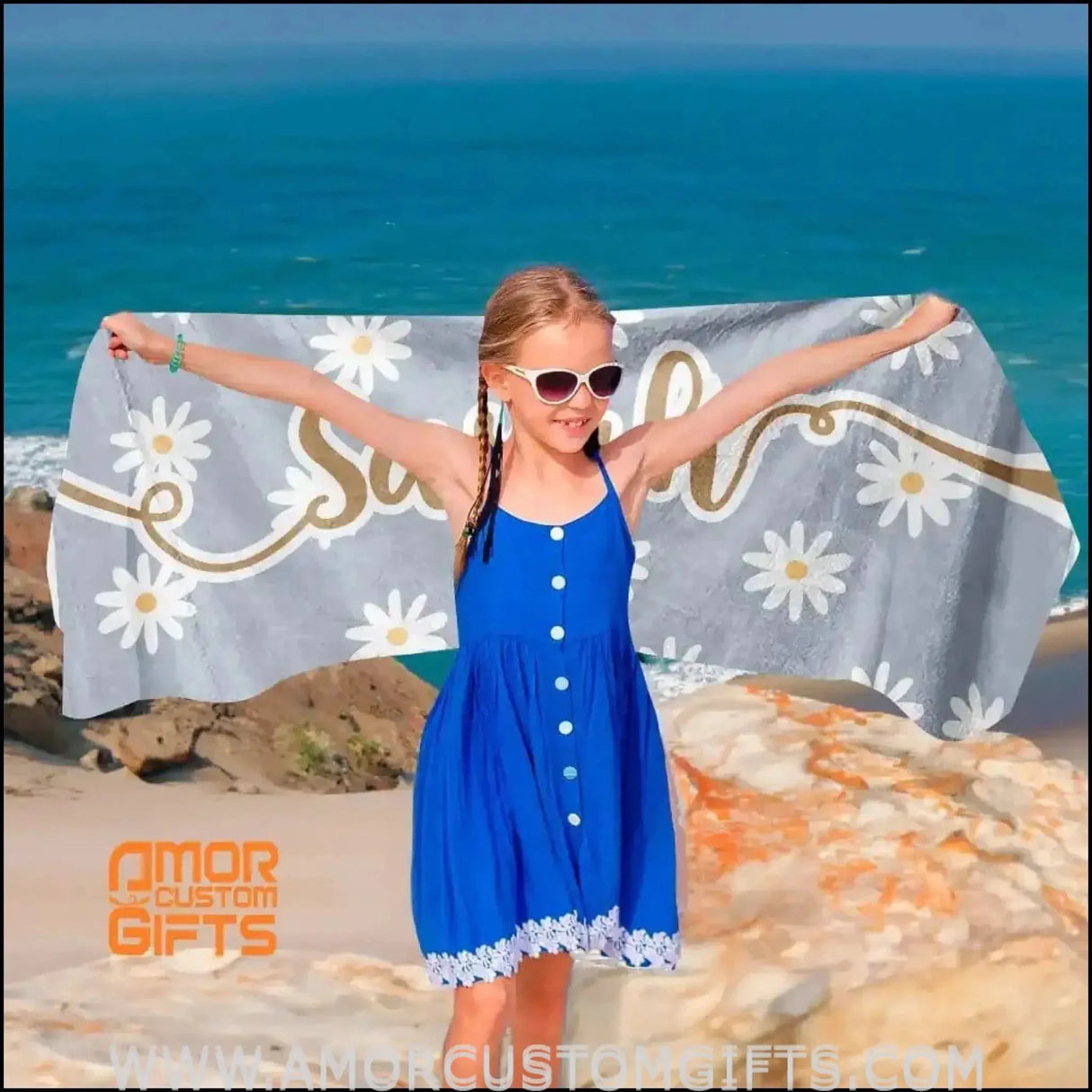 Towels Personalized Name Daisies Towel, Best Gift in Summer, Beach Towel For Girl Kid