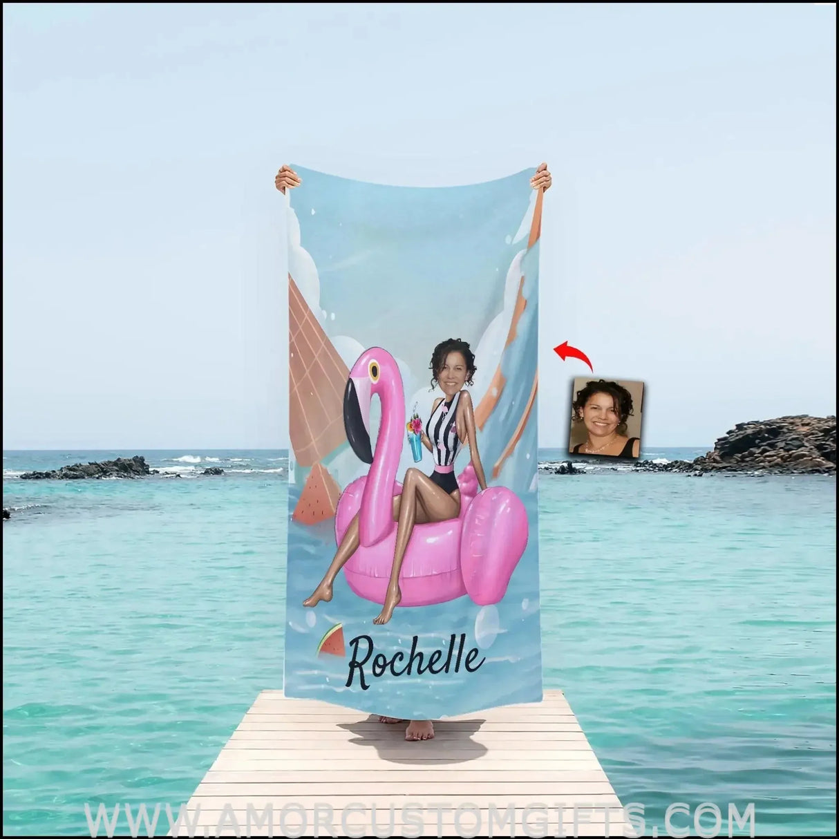 Towels Personalized Name & Face Summer Bikini Girl 2 Beach Towel