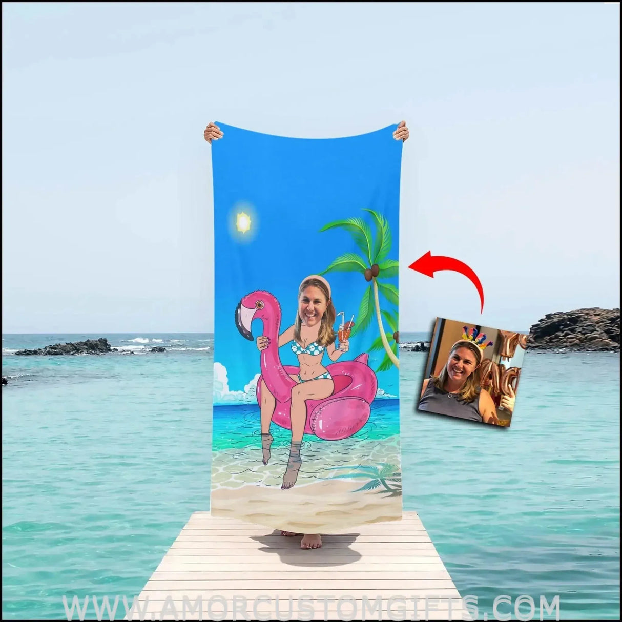 Towels Personalized Name & Face Summer Bikini Girl 3 Beach Towel