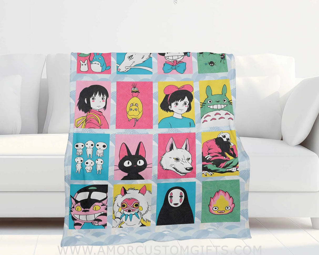 Blanket Personalized Name Ghibli Characters Cube Girl Blanket, Baby Ghibli Fleece Blankets, Gift For Baby Girl