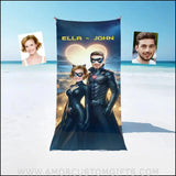Towels Personalized Name & Photo Bat Guy & Cat Lady Couple 1 On Beach Towel