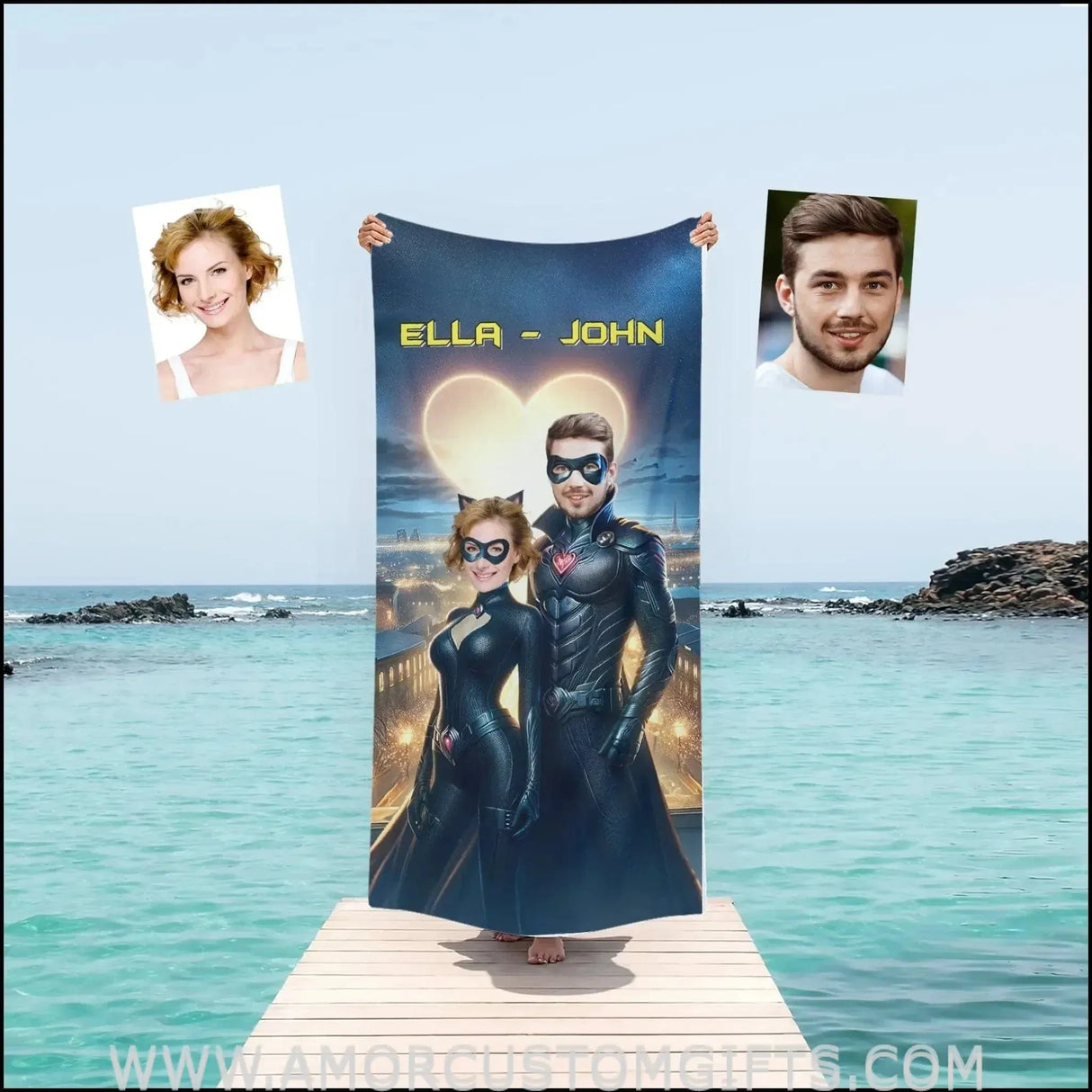 Towels Personalized Name & Photo Bat Guy & Cat Lady Couple 1 On Beach Towel