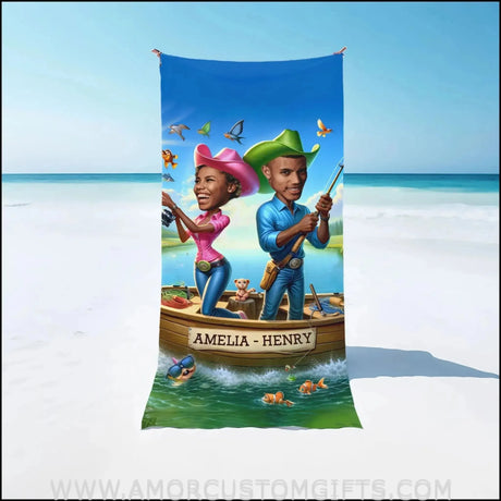 Towels Personalized Name & Photo Fishing Couple On Beach Towel