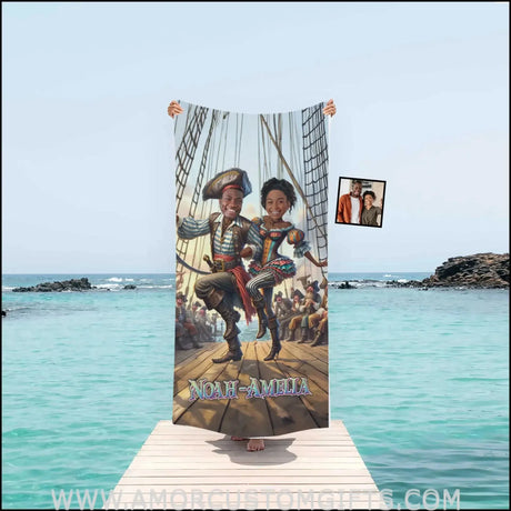 Towels Personalized Name & Photo Funny Pirate Couple 3 On Beach Towel