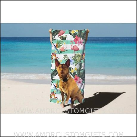 Towels Personalized Name & Photo Summer Flamingo Pet On Beach Towel