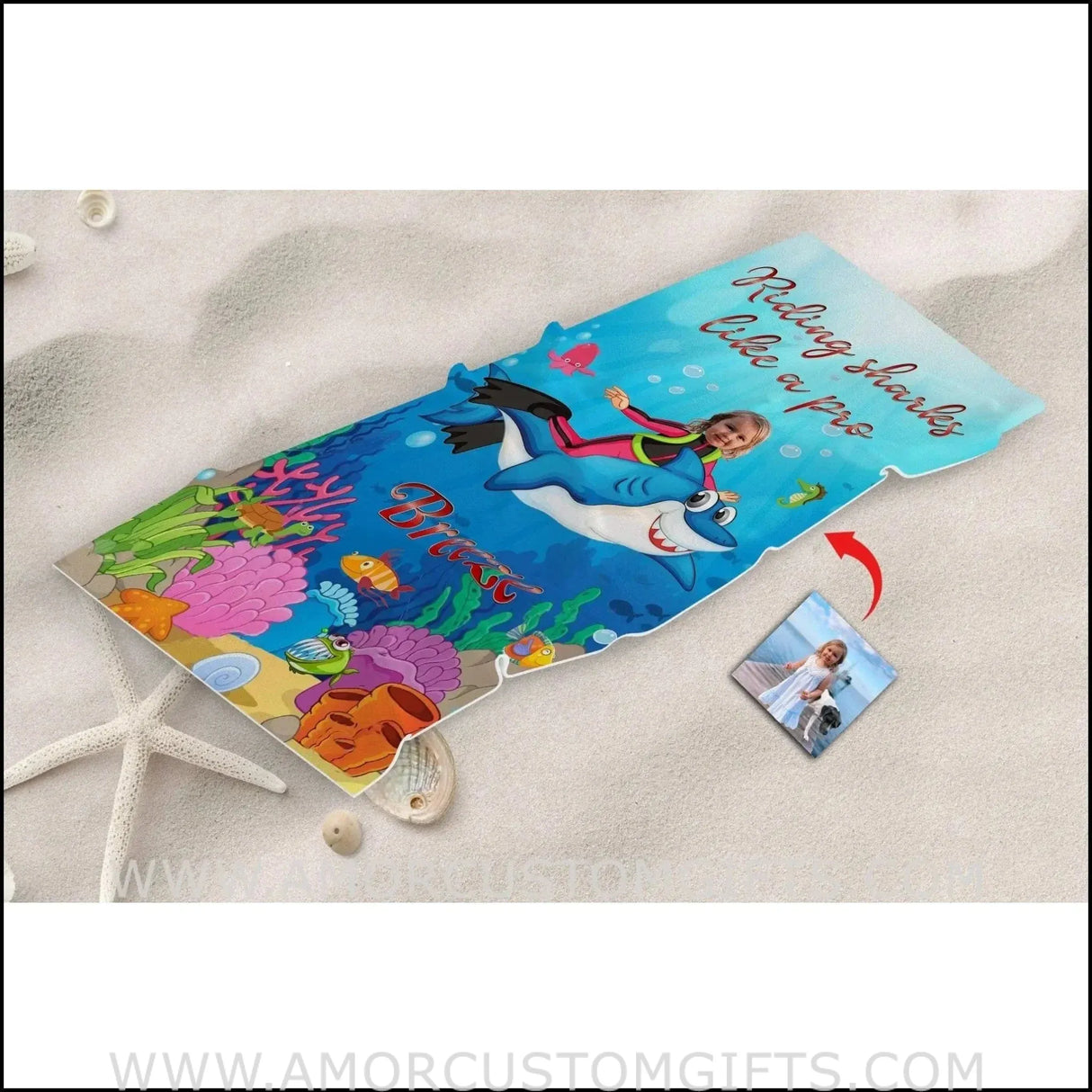 Towels Personalized Name & Photo Summer Girl Riding Sharks Like A Pro Beach Towel
