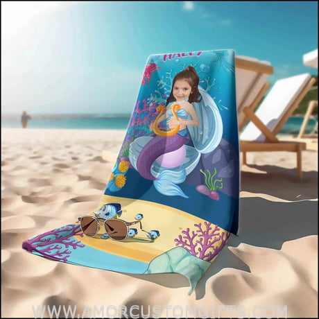 Towels Personalized Name & Photo Summer Mermaid Pearl Beach Towel