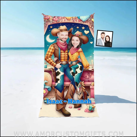 Towels Personalized Name & Photo Toy Story Couple - Woody Jessie 1 On Beach Towel