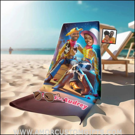 Towels Personalized Name & Photo Toy Story Couple - Woody Jessie 3 On Beach Towel