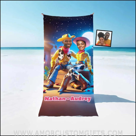 Towels Personalized Name & Photo Toy Story Couple - Woody Jessie 3 On Beach Towel