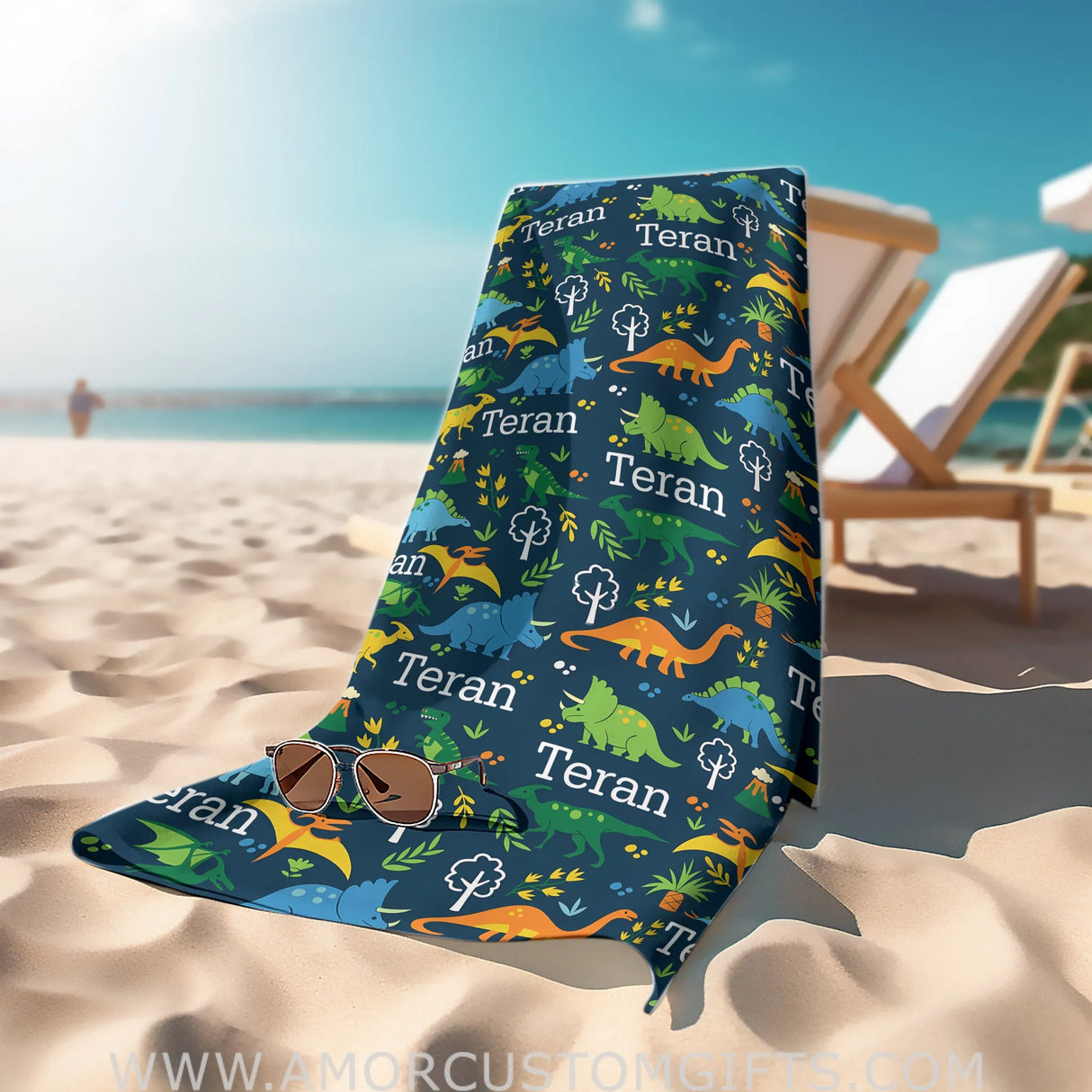 Personalized Name Summer Dino Blue Beach Towel Towels