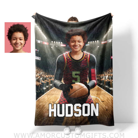 Blankets Personalized NBA Atlanta Basketball Boy Hawks Photo Blanket | Custom Name & Face Boy Blanket