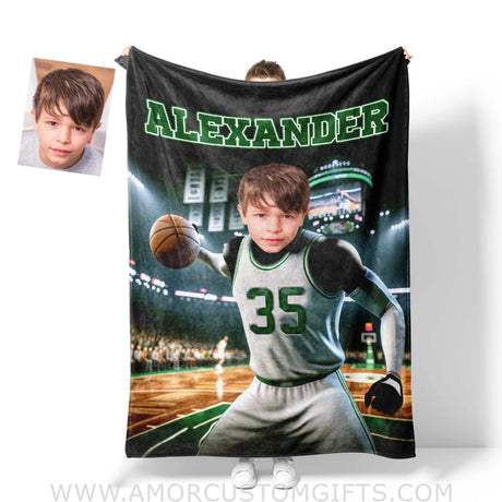 Blankets Personalized NBA Boston Basketball Boy Celtics Photo Blanket | Custom Name & Face Boy Blanket