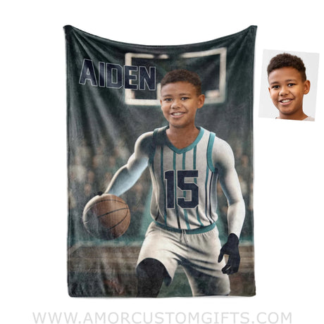Blankets Personalized NBA Charlotte Basketball Boy Hornets Photo Blanket | Custom Name & Face Boy Blanket