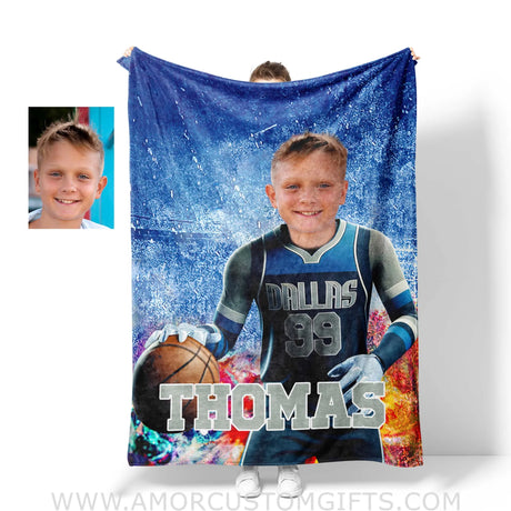 Blankets Personalized NBA Dallas Basketball Boy Mavericks Photo Blanket | Custom Name & Face Boy Blanket