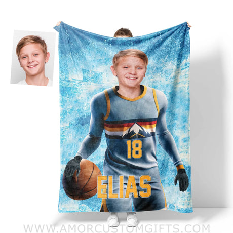 Blankets Personalized NBA Denver Basketball Boy Nuggets Photo Blanket | Custom Name & Face Boy Blanket