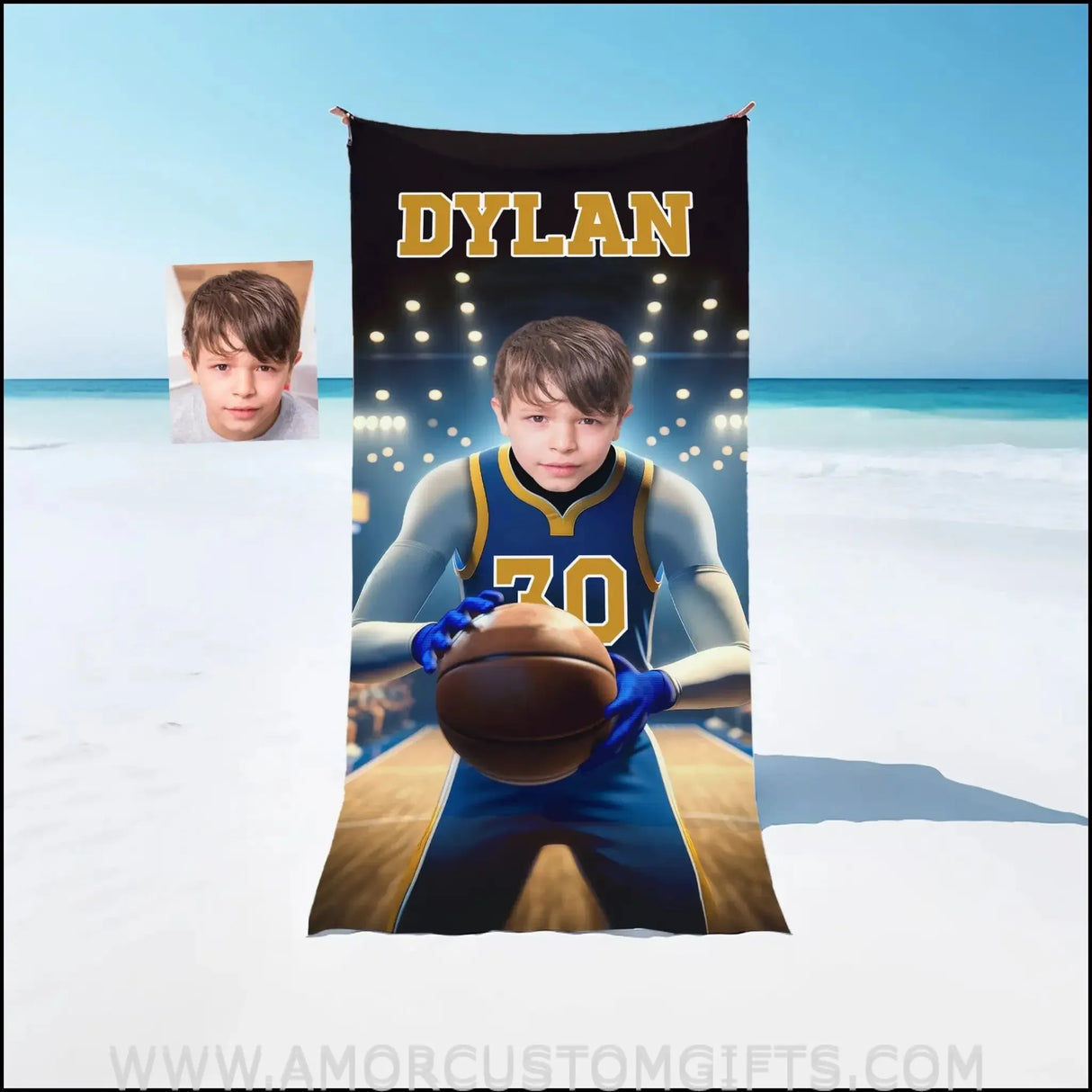 Towels Personalized NBA Golden State Basketball Boy Warriors Photo Beach Towel | Customized Name & Face Boy Towel