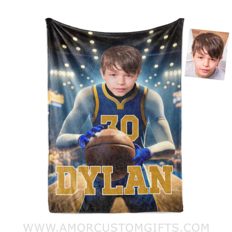 Blankets Personalized NBA Golden State Basketball Boy Warriors Photo Blanket | Custom Name & Face Boy Blanket