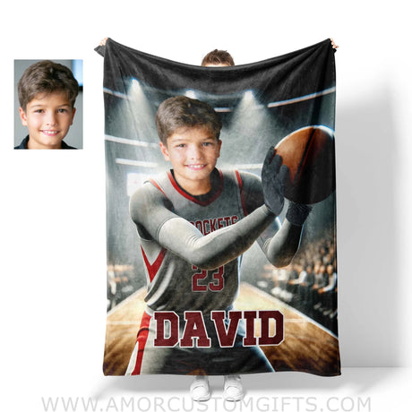 Blankets Personalized NBA Houston Basketball Boy Rockets Photo Blanket | Custom Name & Face Boy Blanket