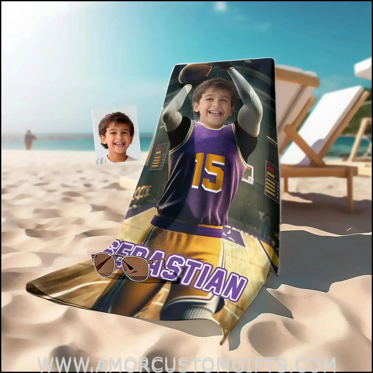 Towels Personalized NBA Los Angeles Basketball Boy Lakers Photo Beach Towel | Customized Name & Face Boy Towel
