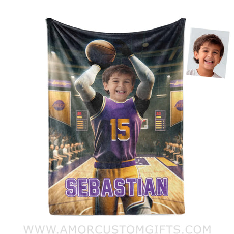 Blankets Personalized NBA Los Angeles Basketball Boy Lakers Photo Blanket | Custom Name & Face Boy Blanket