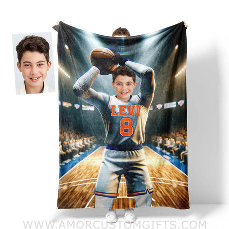 Blankets Personalized NBA New York Basketball Boy Knicks Photo Blanket | Custom Name & Face Boy Blanket