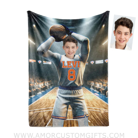 Blankets Personalized NBA New York Basketball Boy Knicks Photo Blanket | Custom Name & Face Boy Blanket