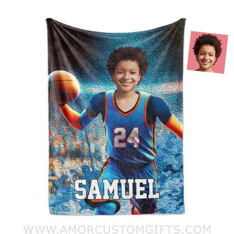 Blankets Personalized NBA Oklahoma City Basketball Boy Thunder Photo Blanket | Custom Name & Face Boy Blanket