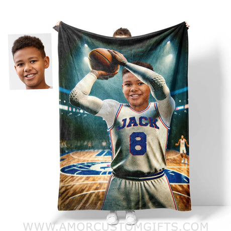 Blankets Personalized NBA Philadelphia Basketball Boy 76ers Photo Blanket | Custom Name & Face Boy Blanket